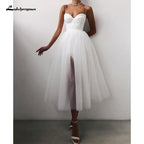 NumberSea Cheap A Line Short Wedding Dress 2021 Spaghetti Straps Simple Bride Dresses Tea Length Weddin Party Gowns
