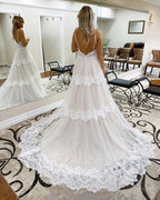 NumberSea Cheap A-line Spaghetti Straps Lace Bridal Gonws Rustic Wedding Dress,MW501