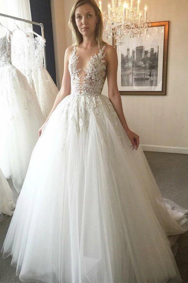 NumberSea Cheap Ball Gown V-Neck Ivory Open Back Wedding Dress with Appliques,MW302