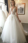 NumberSea Cheap Ball Gown V-Neck Ivory Open Back Wedding Dress with Appliques,MW302