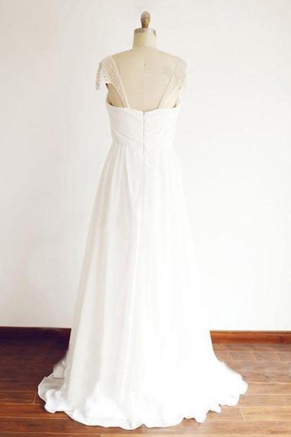 NumberSea Cheap Chiffon Cap Sleeve Floor Length Beach Wedding Dresses With Beading, MW121