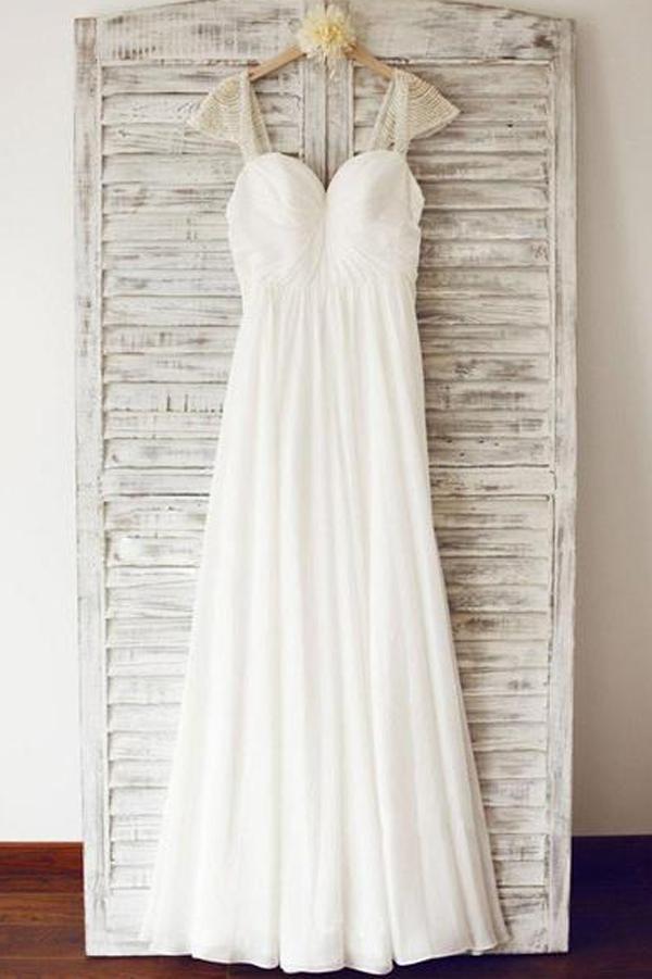 NumberSea Cheap Chiffon Cap Sleeve Floor Length Beach Wedding Dresses With Beading, MW121