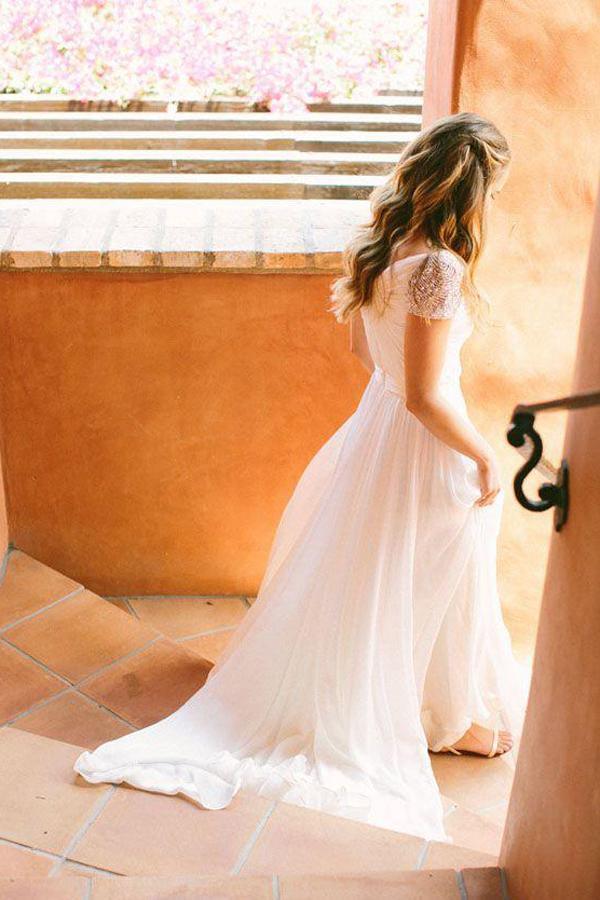 NumberSea Cheap Chiffon Sweetheart Wedding Dresses with Beading And Short Train, MW123