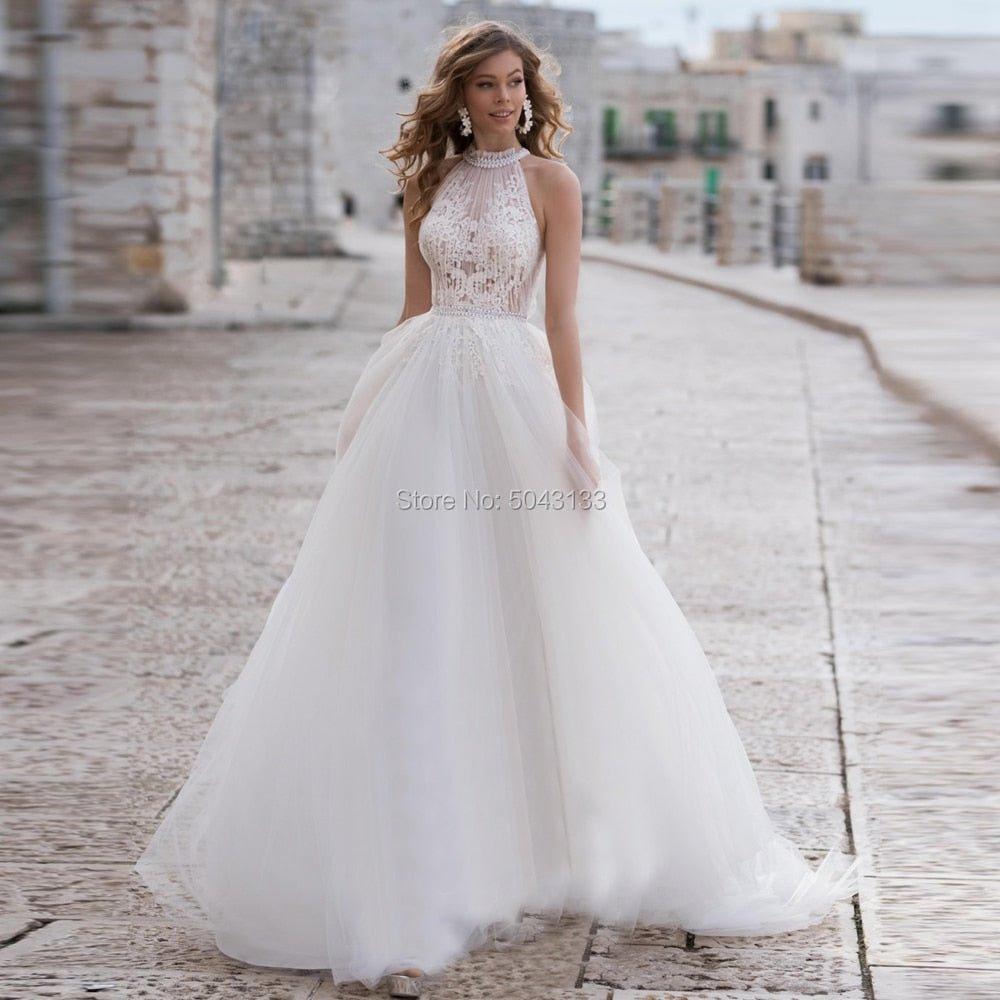 NumberSea Cheap Halter A Line Soft Tulle Wedding Dresses 2021 Inside Lace Appliques Beaded Sash Sleeveless Floor Length Turkey Bridal Gown
