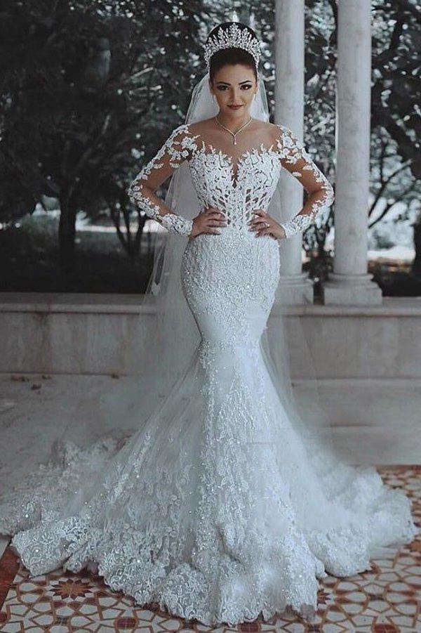 NumberSea Cheap Long Sleeve Lace Wedding Dress Mermaid Bridal Gowns,MW291
