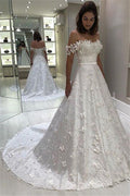 NumberSea Cheap Off Shoulder A-line Long Wedding Dresses Lace Bridal Dresses,MW333