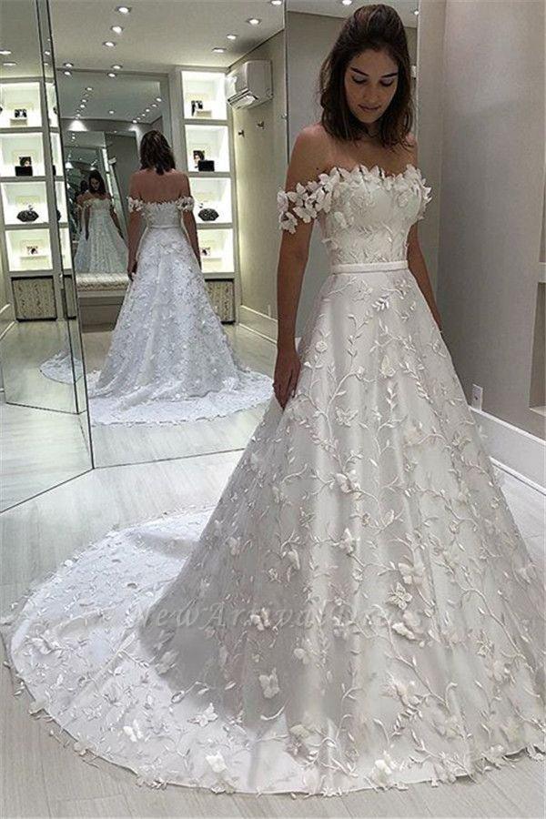 NumberSea Cheap Off Shoulder A-line Long Wedding Dresses Lace Bridal Dresses,MW333