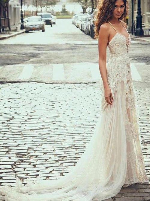 NumberSea Cheap Spaghetti Straps Tulle Beach Wedding Dress, Lace Appliques Bridal Dresses,MW312