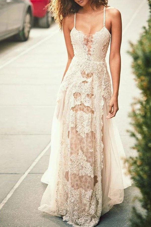 NumberSea Cheap Spaghetti Straps Tulle Beach Wedding Dress, Lace Appliques Bridal Dresses,MW312