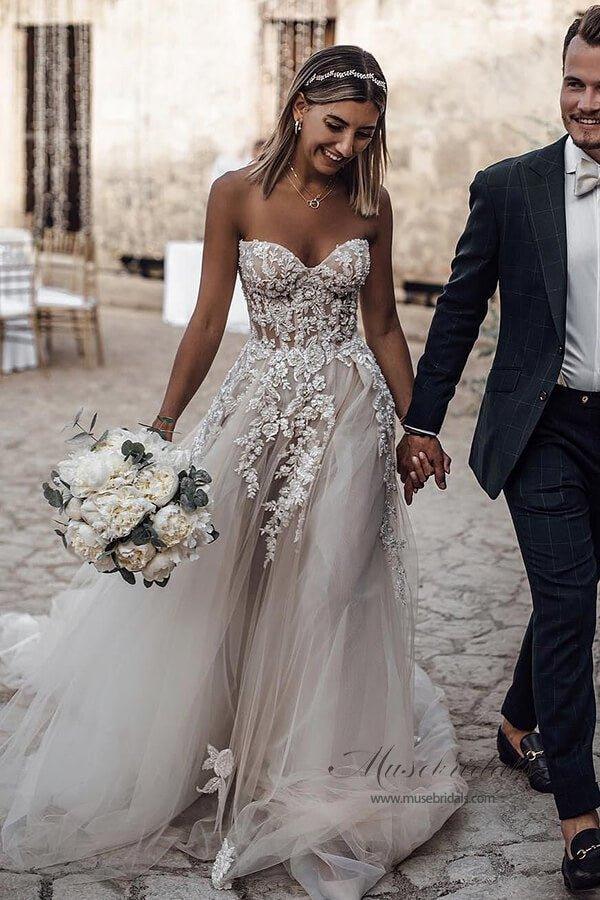 NumberSea Cheap Tulle A-line Sweetheart Long Wedding Dresses with Lace Appliques,MW394