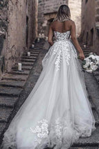NumberSea Cheap Tulle A-line Sweetheart Long Wedding Dresses with Lace Appliques,MW394