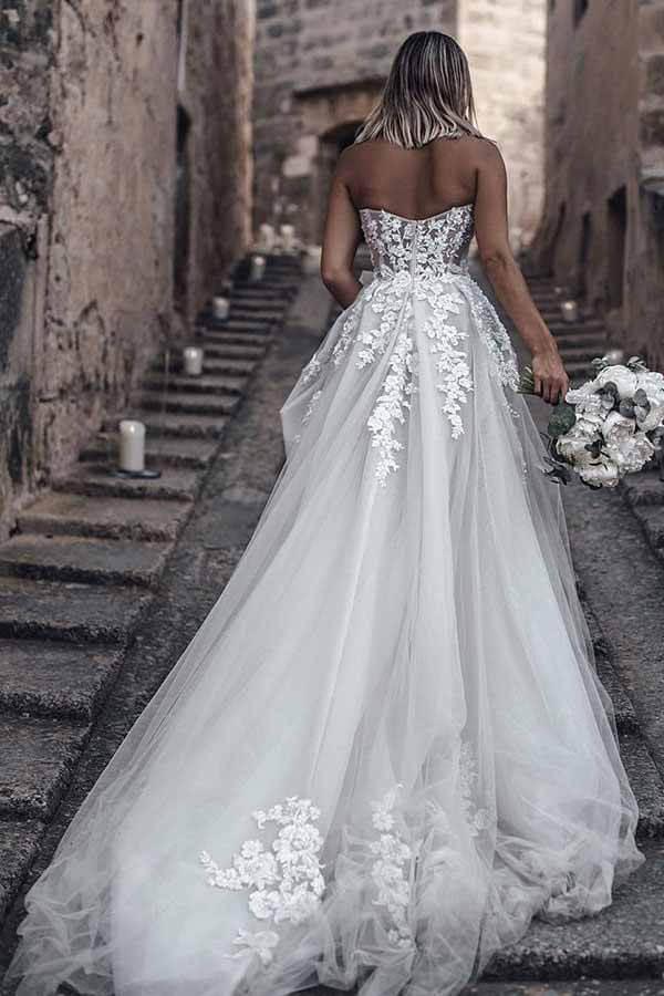 NumberSea Cheap Tulle A-line Sweetheart Long Wedding Dresses with Lace Appliques,MW394