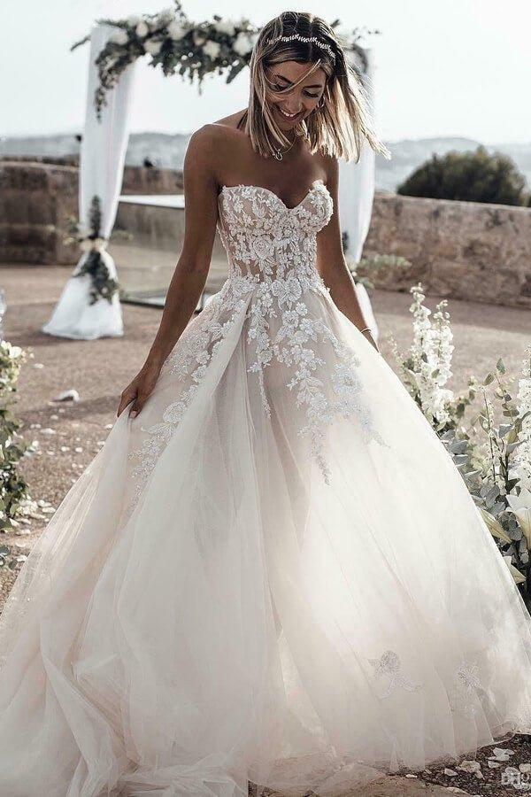 NumberSea Cheap Tulle A-line Sweetheart Long Wedding Dresses with Lace Appliques,MW394