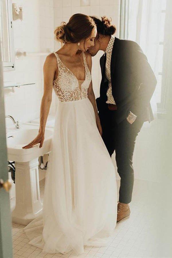 NumberSea Cheap Tulle A-line V-neck Backless Sweep Train Wedding Dress with Pearls,MW429