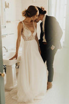 NumberSea Cheap Tulle A-line V-neck Backless Sweep Train Wedding Dress with Pearls,MW429