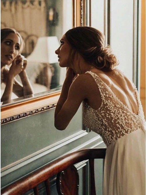 NumberSea Cheap Tulle A-line V-neck Backless Sweep Train Wedding Dress with Pearls,MW429