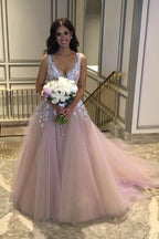 NumberSea Cheap Tulle V Neck Wedding Dress With Lace Flowers, Nice Bridal Gowns, MW125