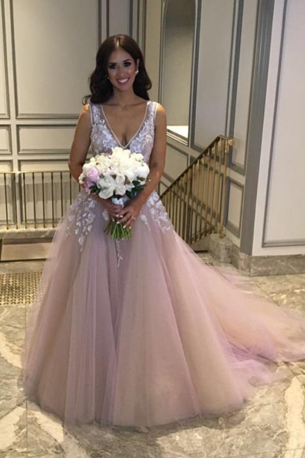 NumberSea Cheap Tulle V Neck Wedding Dress With Lace Flowers, Nice Bridal Gowns, MW125