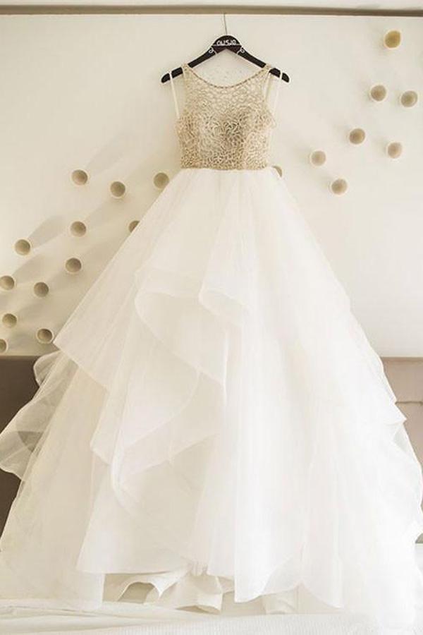 NumberSea Cheap Tulle White A line Floor Length Wedding Dresses Bridal Gowns, MW258