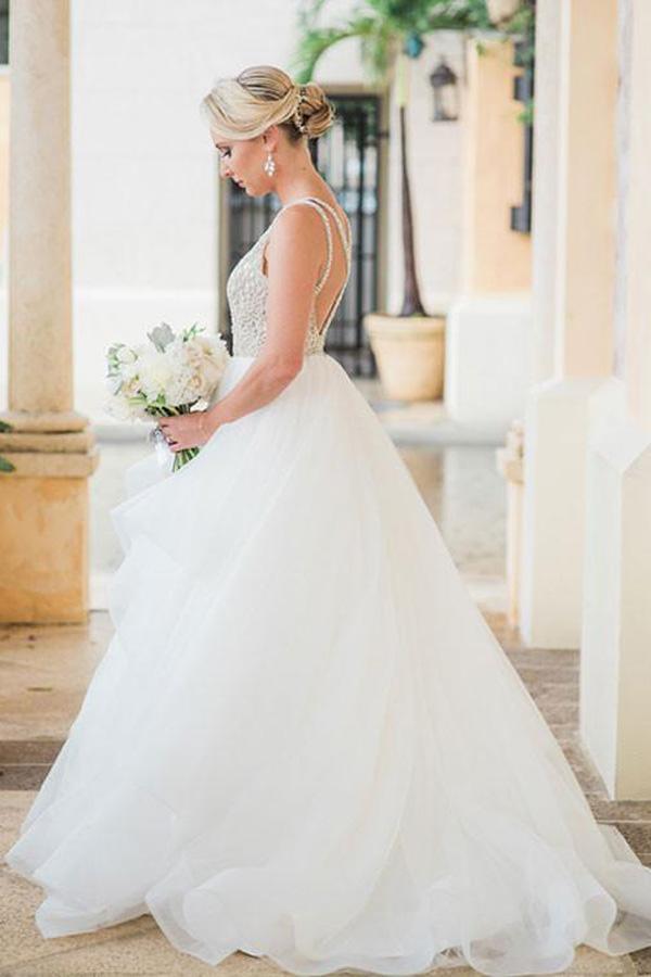 NumberSea Cheap Tulle White A line Floor Length Wedding Dresses Bridal Gowns, MW258