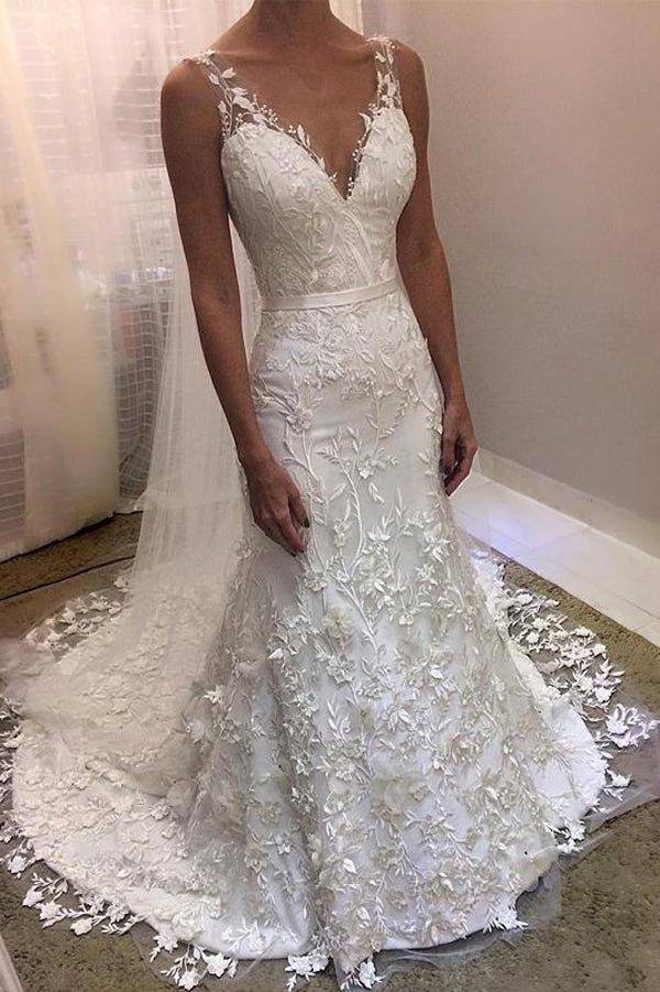 NumberSea Cheap V-neck Backless Lace Mermaid Wedding Dresses,Cheap Bridal Dresses,MW331