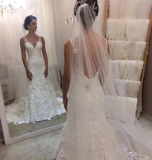 NumberSea Cheap V-neck Backless Lace Mermaid Wedding Dresses,Cheap Bridal Dresses,MW331