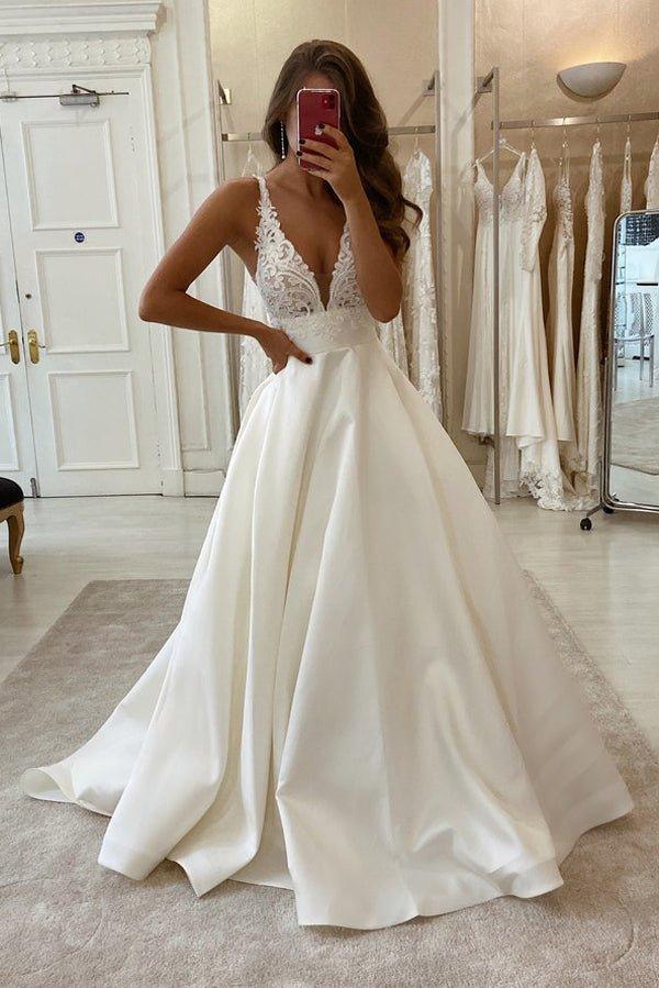 NumberSea Cheap V-neck Lace Wedding Dresses Online, Cheap Unique Bridal Dresses,MW495