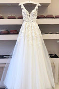 NumberSea Cheap V-neck Long Wedding Dresses A-line Bridal Gowns with Appliques