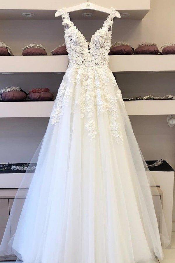 NumberSea Cheap V-neck Long Wedding Dresses A-line Bridal Gowns with Appliques