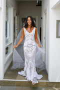 NumberSea Cheap V-Neck Sleeveless V-Back Hollow Beach Wedding Dress,MW295
