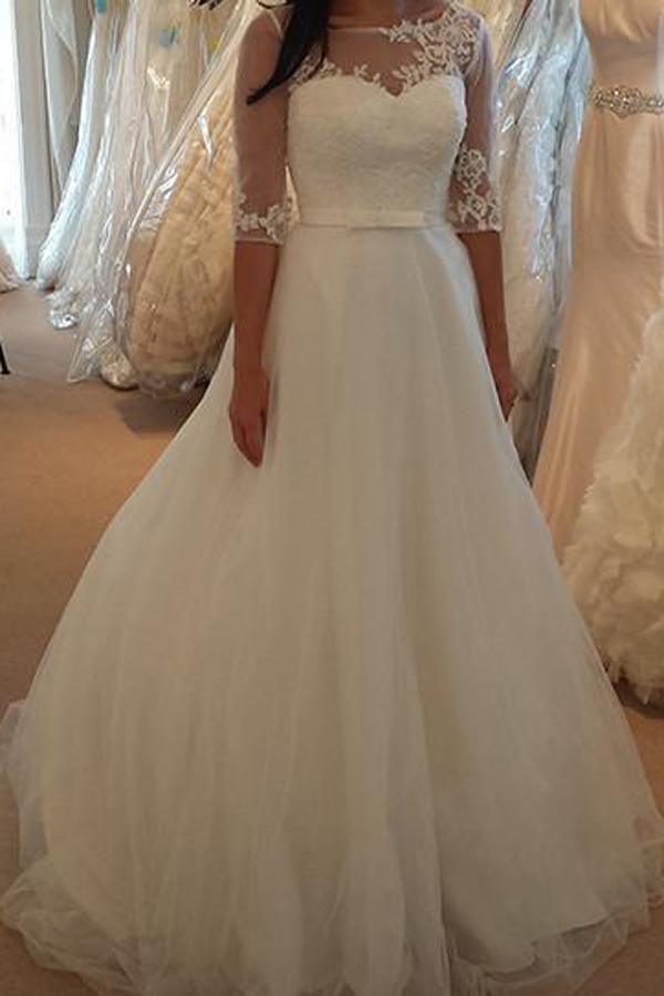 NumberSea Cheap White Scoop A-line Tulle Wedding Dresses with Sweep Train, MW124