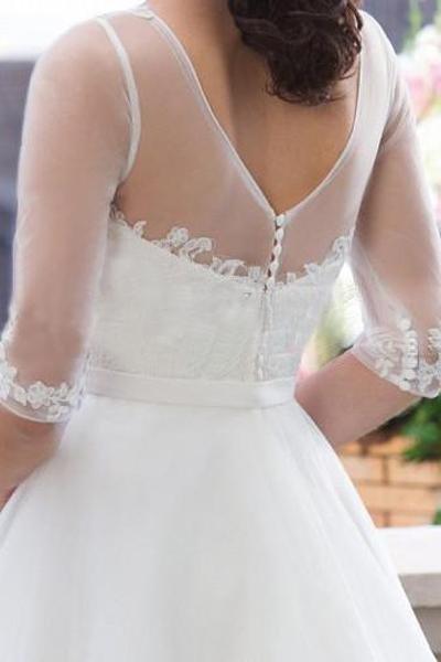 NumberSea Cheap White Scoop A-line Tulle Wedding Dresses with Sweep Train, MW124