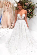 NumberSea Chic Sparkly Bateau A-line Sexy Long Lace Wedding Dress Sweep Train, MW285
