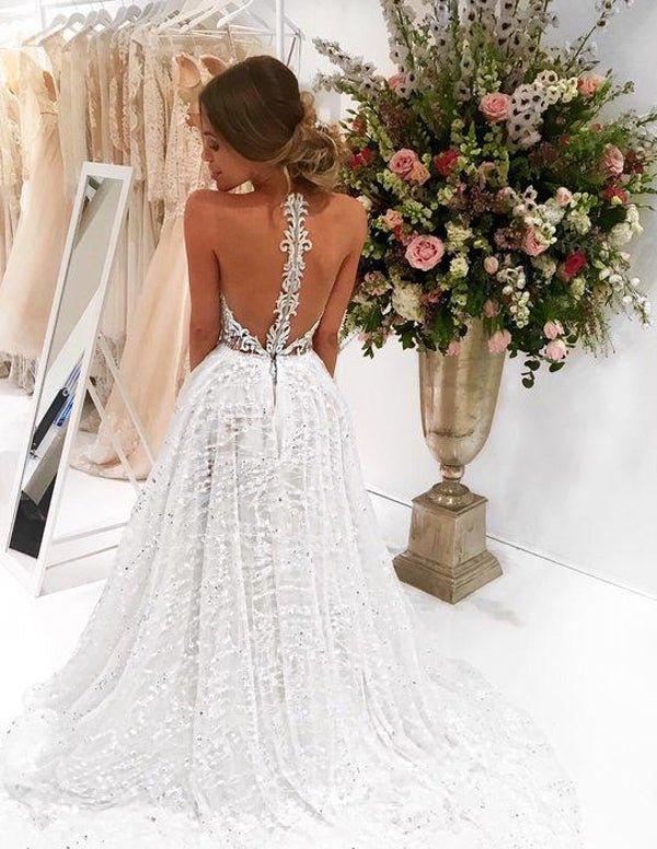 NumberSea Chic Sparkly Bateau A-line Sexy Long Lace Wedding Dress Sweep Train, MW285