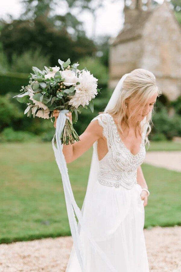 NumberSea Chiffon A-line Beaded Open Back Wedding Dresses, Beach Bridal Gowns, MW829