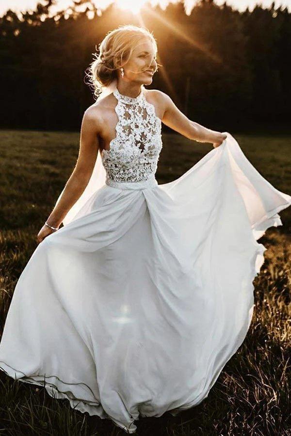 NumberSea Chiffon A-Line Halter Sleeveless Long Beach Wedding Dress with Lace,MW336