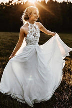 NumberSea Chiffon A-Line Halter Sleeveless Long Beach Wedding Dress with Lace,MW336