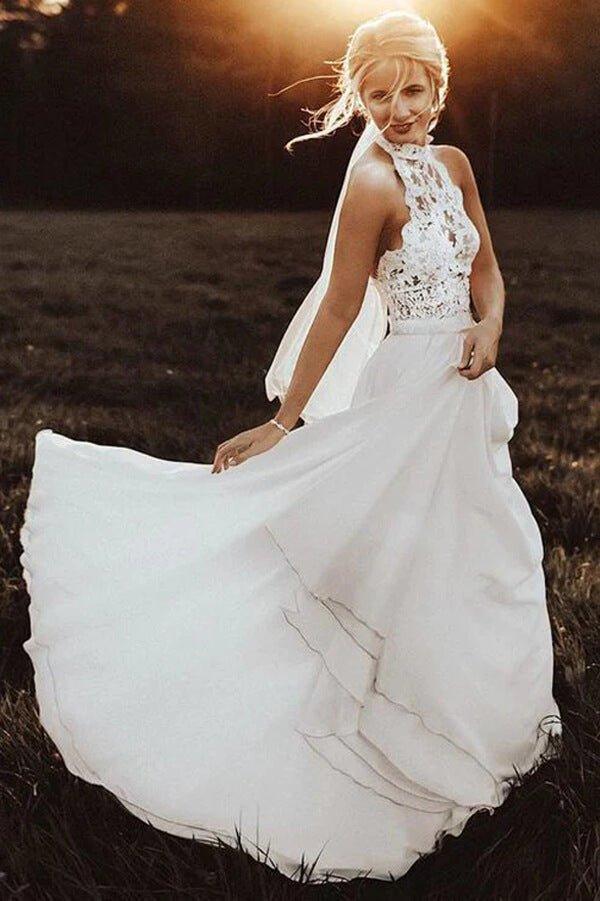 NumberSea Chiffon A-Line Halter Sleeveless Long Beach Wedding Dress with Lace,MW336