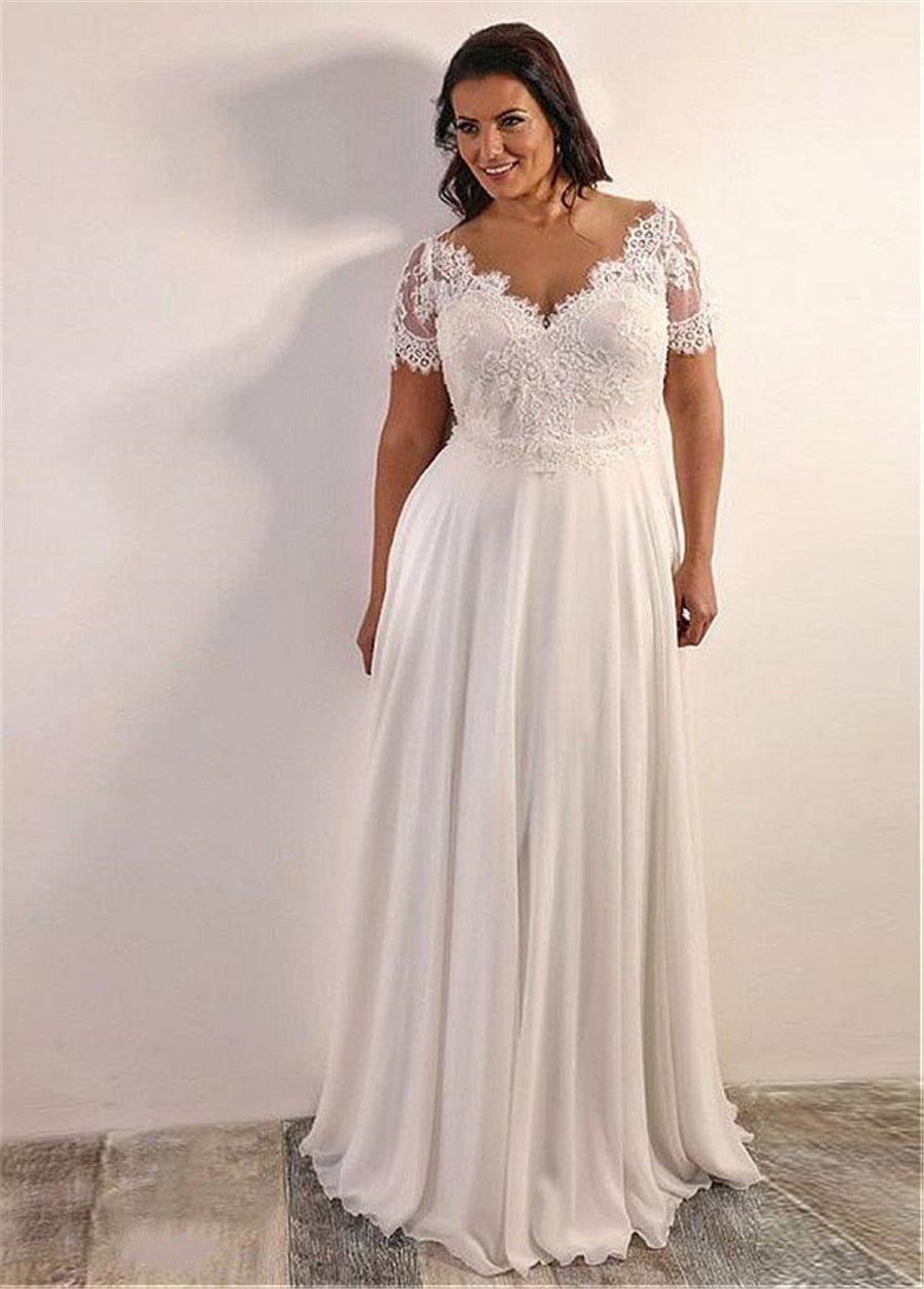 NumberSea Chiffon A-line Plus Size Wedding Dress With Beaded Lace Appliques Short Sleeves Lace Up Back 28W Size Bridal Dresses