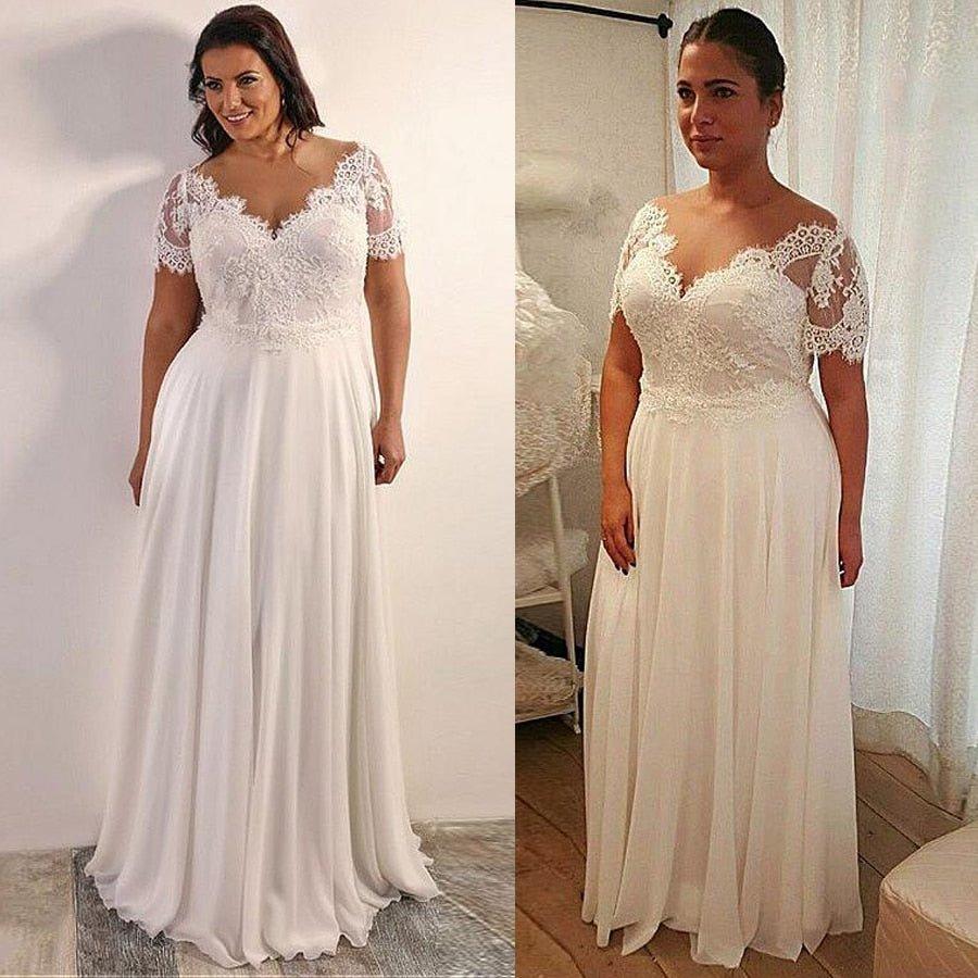 NumberSea Chiffon A-line Plus Size Wedding Dress With Beaded Lace Appliques Short Sleeves Lace Up Back 28W Size Bridal Dresses