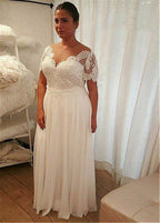 NumberSea Chiffon A-line Plus Size Wedding Dress With Beaded Lace Appliques Short Sleeves Lace Up Back 28W Size Bridal Dresses