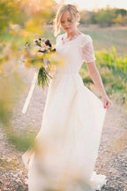 NumberSea Chiffon A-line Short Sleeves Boho Wedding Dresses, Lace Wedding Gown, MW838