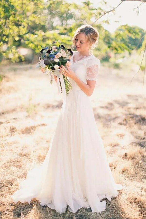 NumberSea Chiffon A-line Short Sleeves Boho Wedding Dresses, Lace Wedding Gown, MW838
