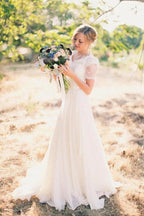 NumberSea Chiffon A-line Short Sleeves Boho Wedding Dresses, Lace Wedding Gown, MW838