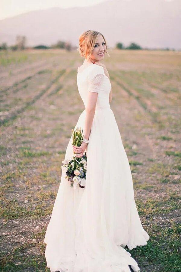 NumberSea Chiffon A-line Short Sleeves Boho Wedding Dresses, Lace Wedding Gown, MW838