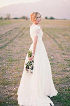 NumberSea Chiffon A-line Short Sleeves Boho Wedding Dresses, Lace Wedding Gown, MW838