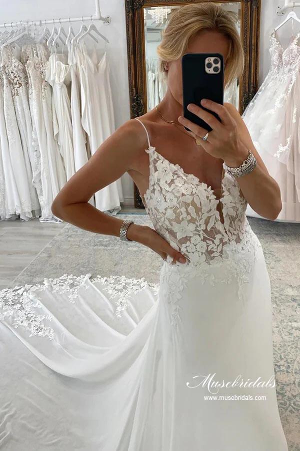 NumberSea Chiffon A-line Spaghetti Straps Lace Appliques Court Train Wedding Dress, MW893