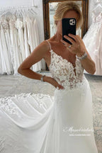 NumberSea Chiffon A-line Spaghetti Straps Lace Appliques Court Train Wedding Dress, MW893