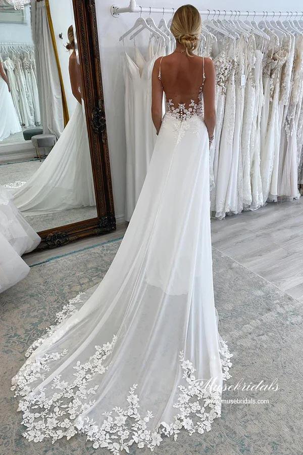 NumberSea Chiffon A-line Spaghetti Straps Lace Appliques Court Train Wedding Dress, MW893