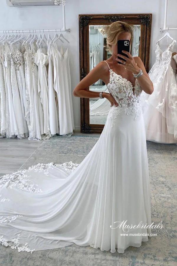NumberSea Chiffon A-line Spaghetti Straps Lace Appliques Court Train Wedding Dress, MW893